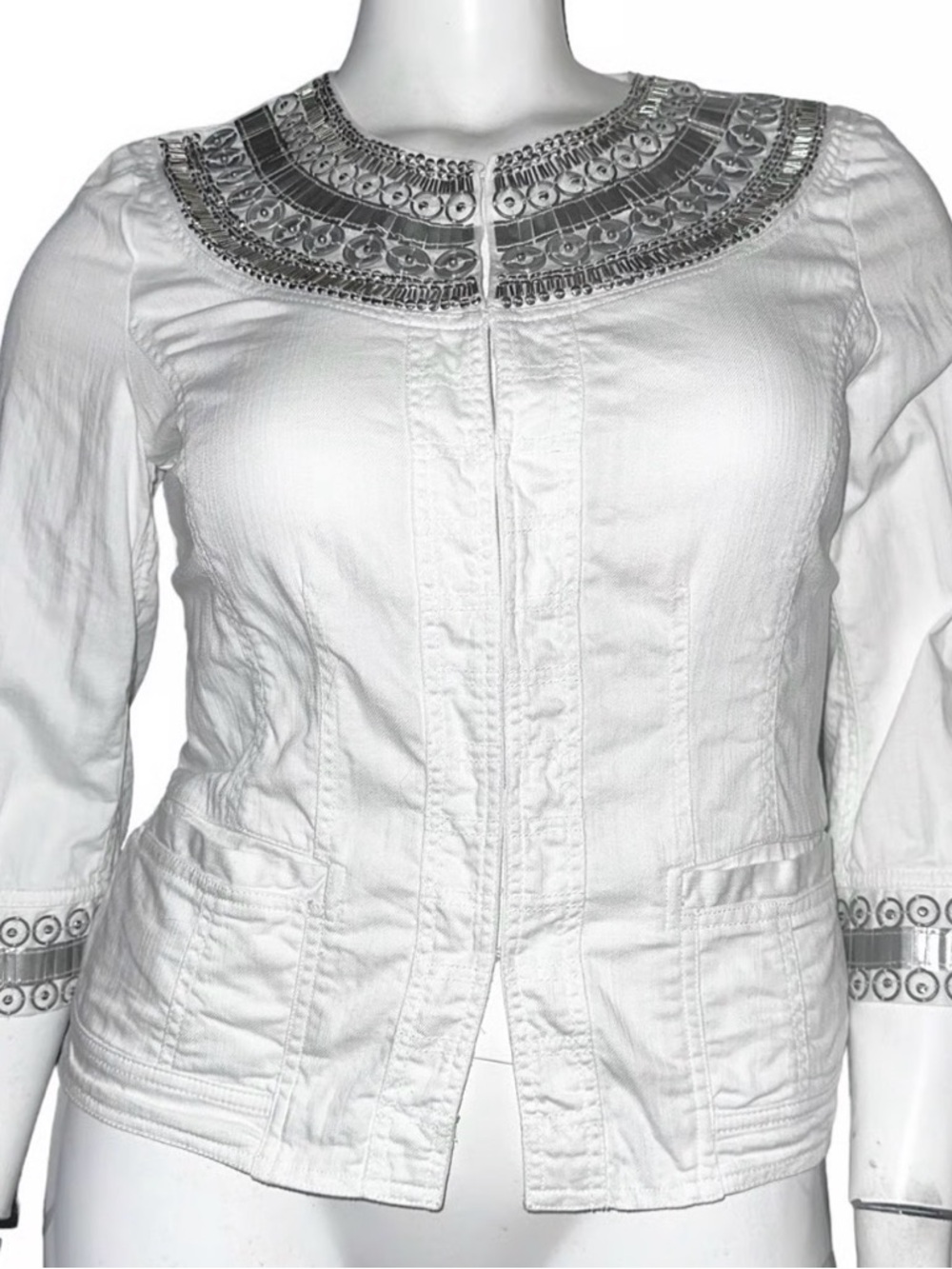 Chico's White Embellished Collar Top with Silver Accents
